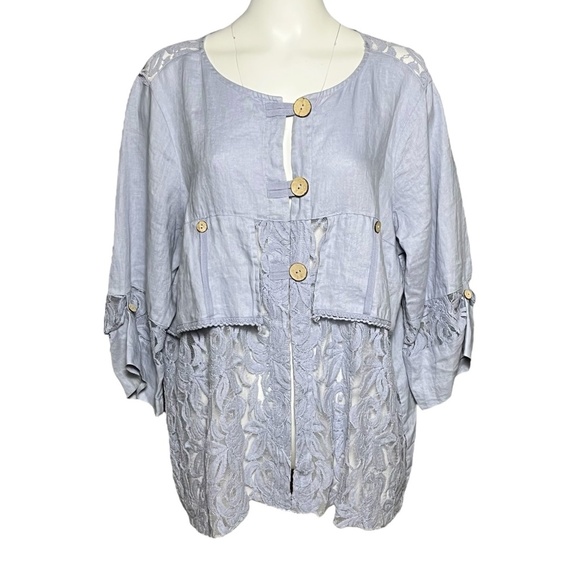 Ali Miles Plus Size 1X Artsy Lagenlook Tunic Top 100% Linen Periwinkle Blue Lace - Picture 1 of 8